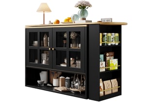 Ilot cuisine, buffet de cuisine avec rangements intégrés, plateau extensible, pivotant à 360°, dimensions 138 à 204 x 39 x 102,5 cm, mdf, noir