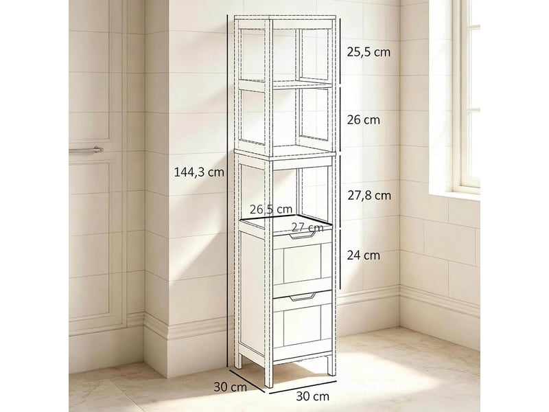  Colonne salle de bain sur pied, étagères et tiroirs, rangement gain de place  - Conforama C
