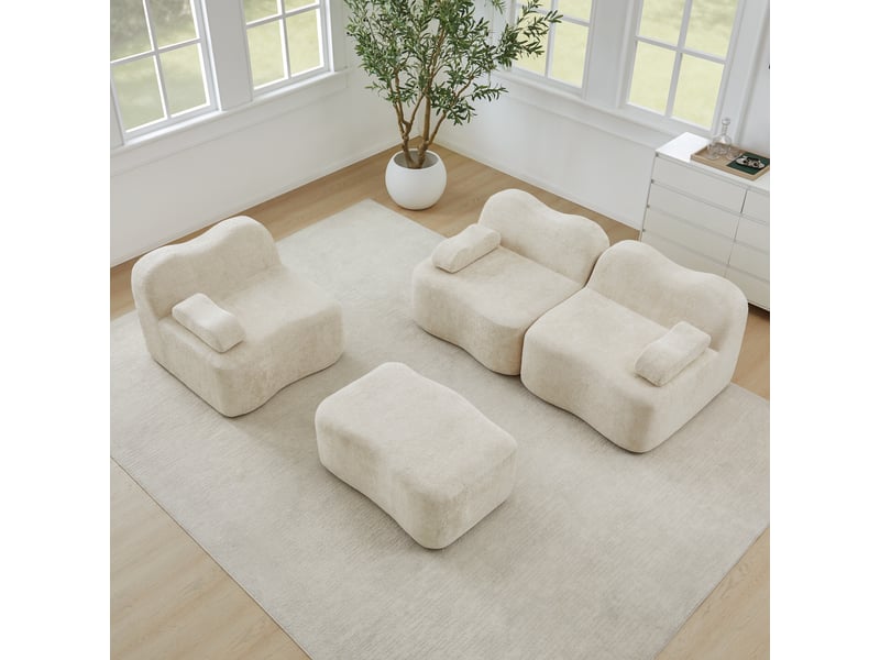 Canapé d'angle modulaire sans armature avec assise profonde et ottoman en velours beige  - Conforama D
