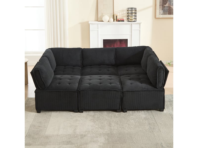  Canapé d’angle modulable 6 places 308x154x81,99 cm, forme u-l et fonction couchage, poches de rangement, structure bois-métal, velours côtelé noir  - Conforama C