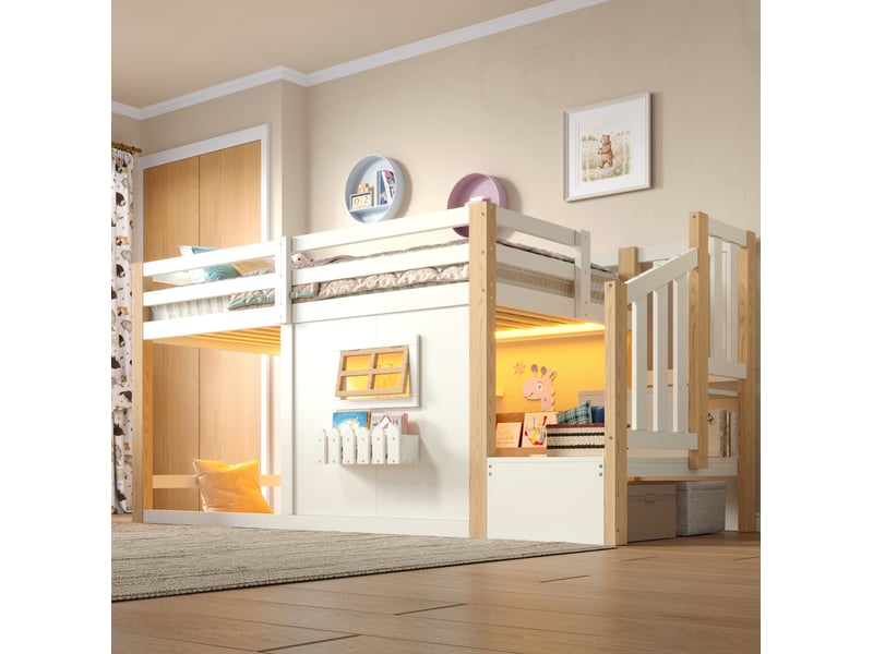  Lit mezzanine 90 × 200 cm 1 place, escalier avec 2 rangements et éclairage led réglable, sans matelas, blanc naturel  - Conforama B
