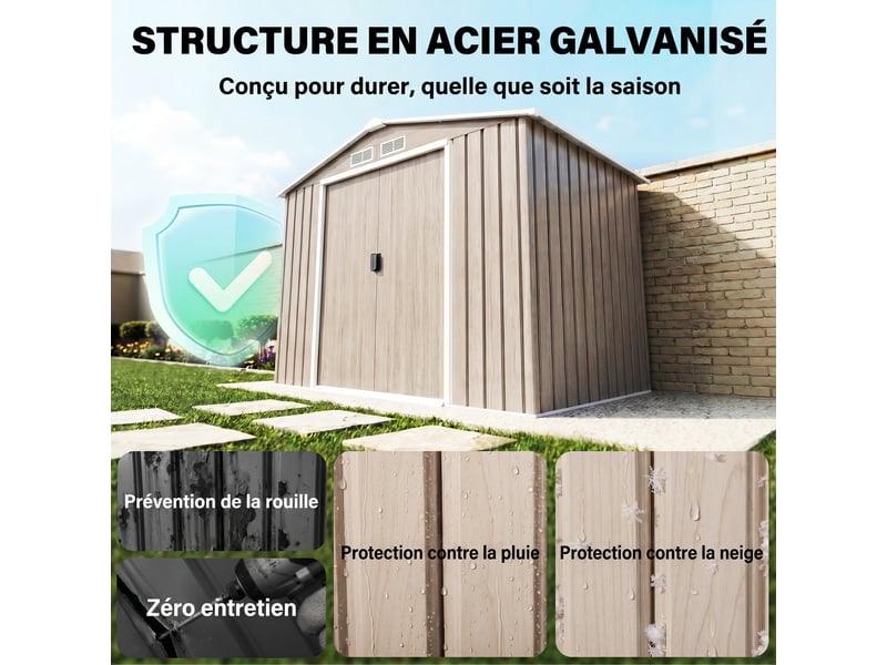  Abri de jardin grande remise pour outils 213 x 130 x 185 cm porte coulissante industriel en acier galvanisé marron clair 21_0004029  - Conforama C