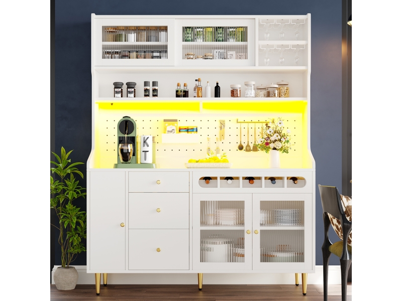  Buffet de cuisine-buffet haut led avec cave à vin et portes vitrées - vaisselier moderne avec étagères réglables 145x39x171cm-blanc  - Conforama A
