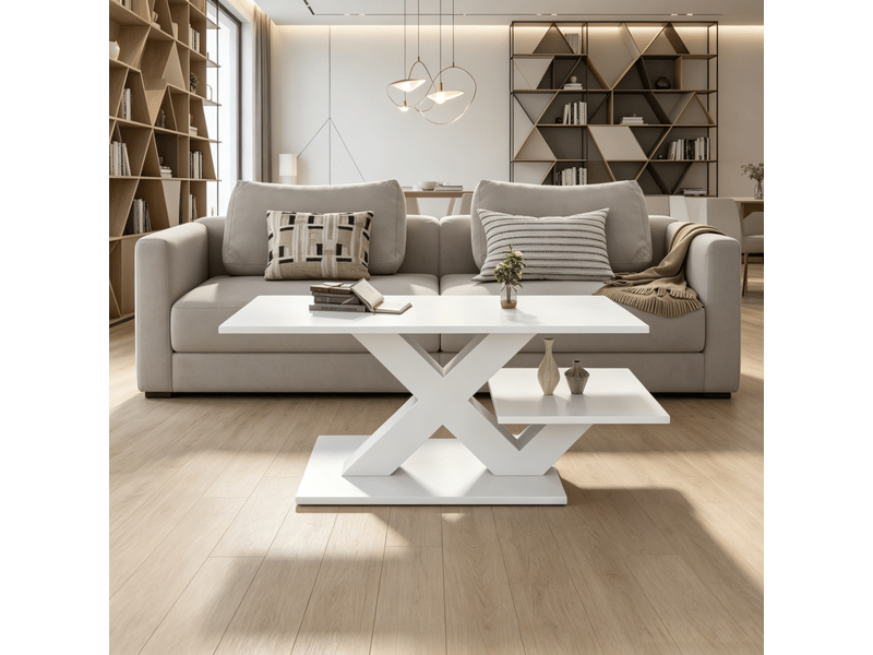  Table basse 100x48x45 cm blanc brillant mdf double plateau pieds en x pour salon  - Conforama B
