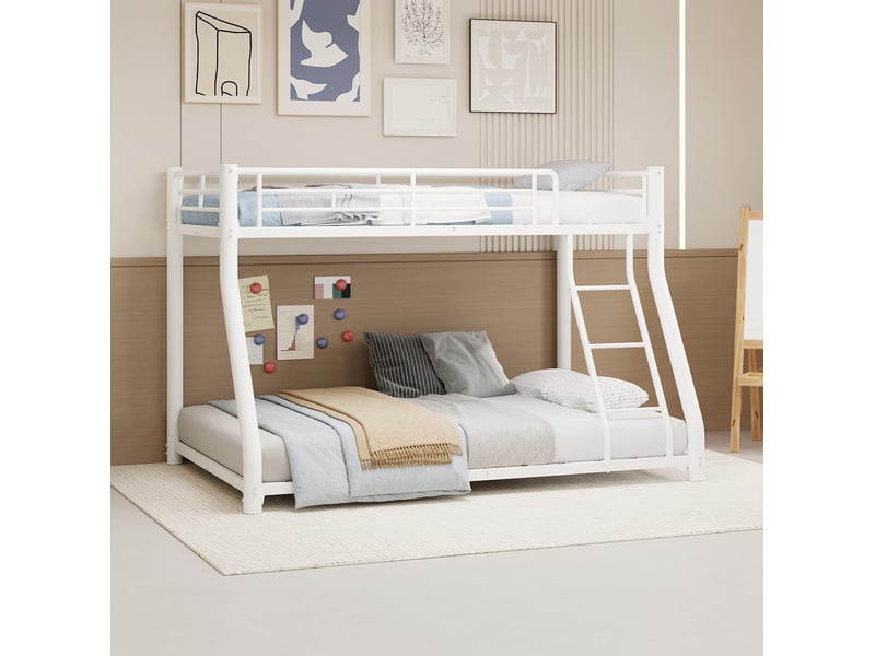 Lit superposé 2 places 90 × 190 cm et 140 × 190 cm avec échelle et barrières, sans matelas, en métal blanc - Conforama C