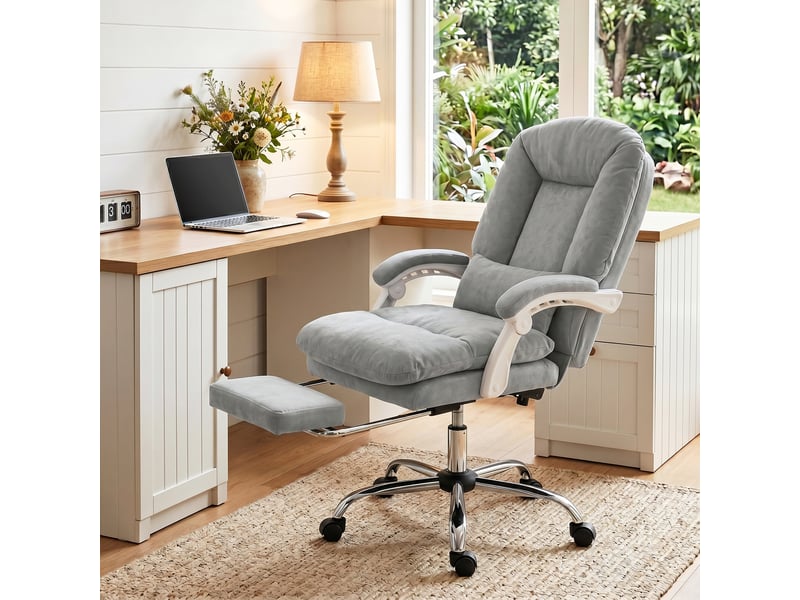  Chaise de bureau ergonomique en velours gris clair, fauteuil inclinable avec repose-pieds et hauteur réglable pour bureau  - Conforama D