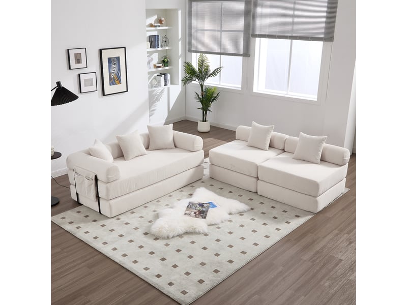  Canapé modulable beige velours côtelé, canapé familial avec rangement, convertible lit d'appoint  - Conforama W