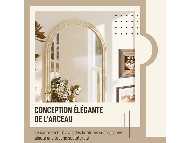  Miroir mural arqué, miroir moderne avec bord rainuré et crochets, verre trempé et polystyrène, 50 x 70 cm, beige  - Conforama D