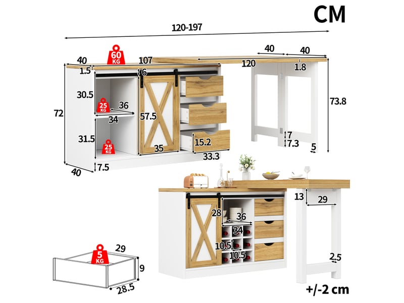  Îlot de cuisine extensible 120-197x40x72 cm avec 3 tiroirs blanc et effet chêne  - Conforama C