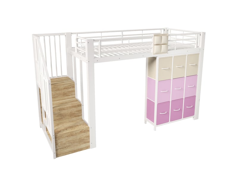 Lit mezzanine métal 90x200 cm blanc avec tiroirs, penderie et escalier rangement - Conforama D