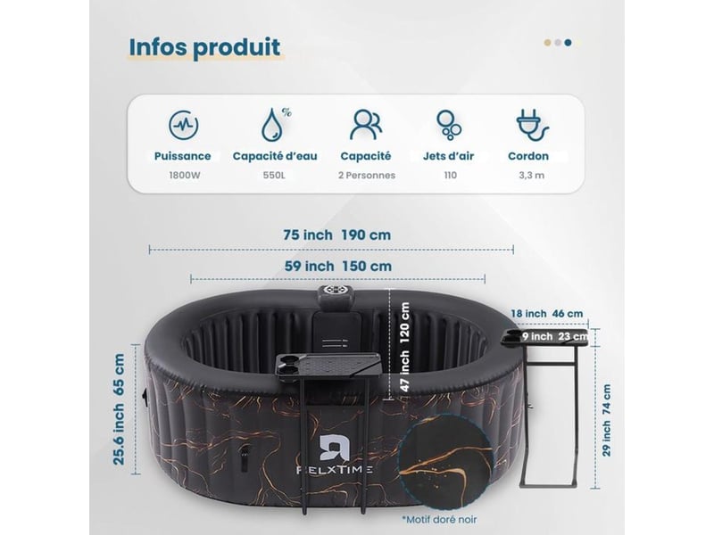 Spa gonflable ovale 2 places 100 jets noir or 40 c led 406787_AABFG78803_6_DROPFR - Conforama D