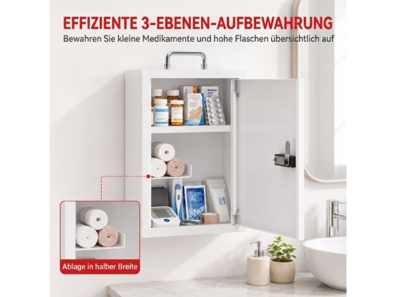  Armoire à pharmacie murale en acier blanc, 3 niveaux, serrure à code, pour premiers secours  - Conforama D