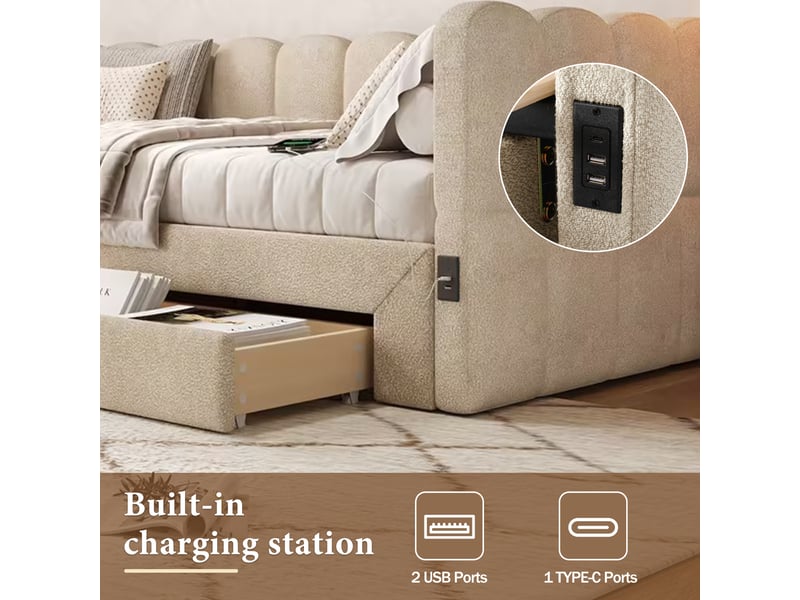  Banquette-lit extensible 90x190 cm - lit d'appoint 180x190 cm, 2 tiroirs de rangement, usb et type-c, tissu chenille beige  - Conforama E