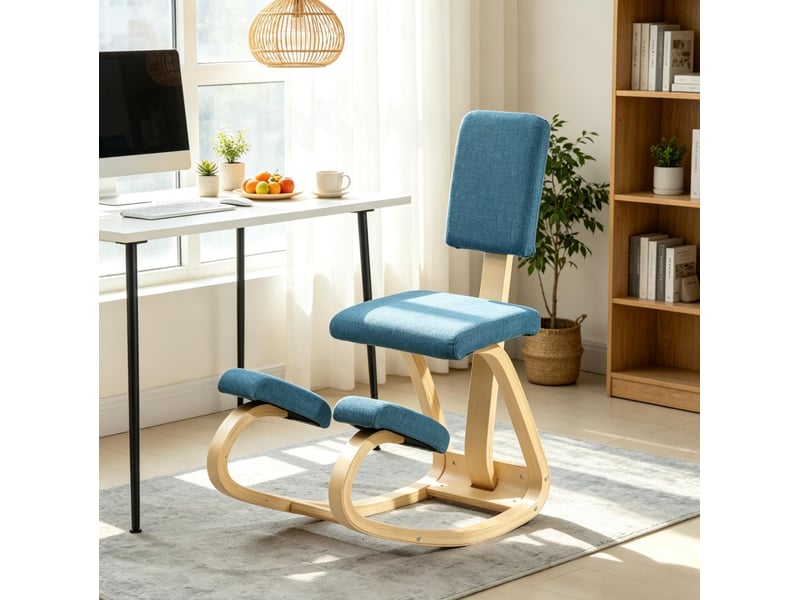  Chaise ergonomique à genoux avec dossier 51x84x93 cm mécanisme à bascule bois bleu foncé  - Conforama B