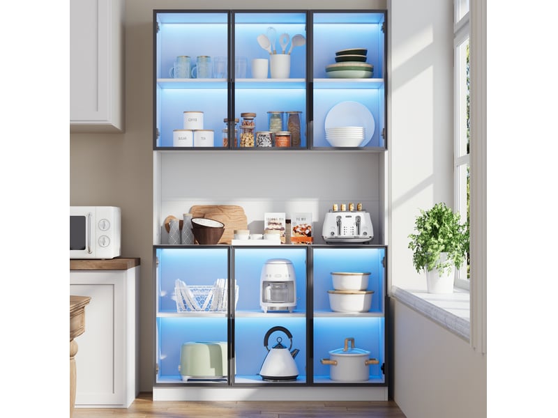  Vitrine haute blanche en mdf et verre avec led, 6 portes, 120 x 34 x 200 cm  - Conforama B