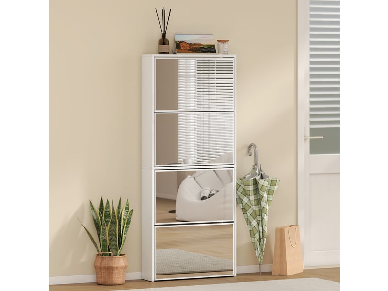  Étagère à chaussures à 4 portes avec miroir et finition bois anti-basculement, 63 x 17 x 146 cm, blanche  - Conforama C