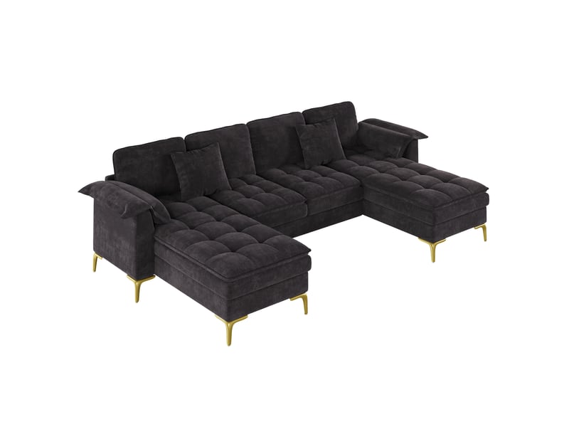  Canapé d'angle en u, canapé modulable 4 places noir en tissu chenille, design nuage avec 2 méridiennes et pieds en métal pour salon et chambre  - Conforama A