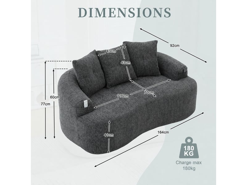  Canapé 2 places 164x92x60 cm, ressorts ensachés et mousse comprimée, chenille gris  - Conforama E