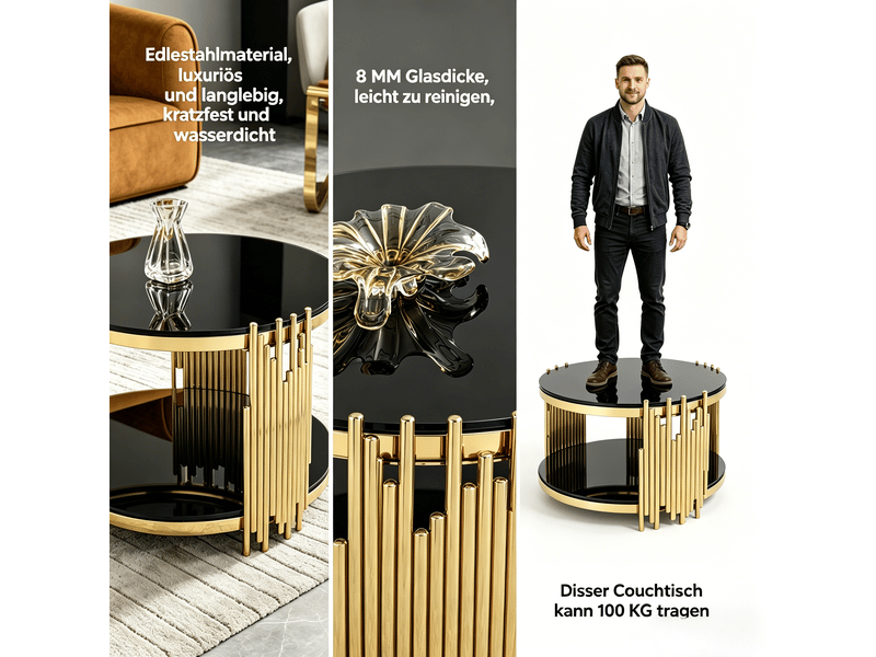 Table basse moderne en verre noir, table de salon luxueuse avec double plateau en verre, table basse ronde avec piètement en acier doré, table d'appoint avec plateau rond en verre, table centrale pour salonmaisonbureau - Conforama R