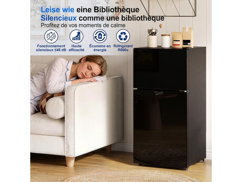  Mini réfrigérateur 60 l avec congélateur 22 l, porte vitrée, led, thermostat réglable, noir  - Conforama B