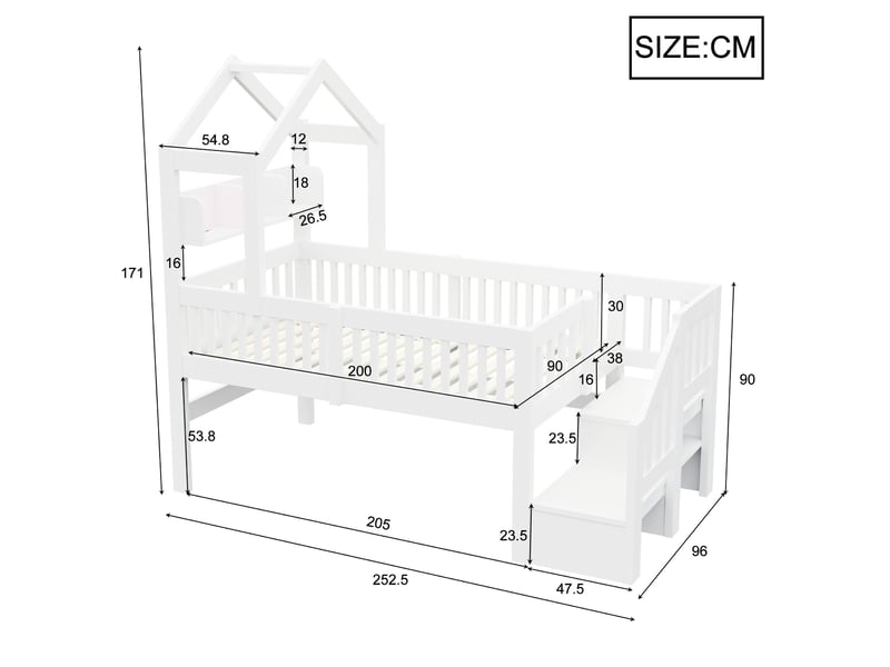  Lit mi-hauteur enfant 90x200 cm avec toit, échelle à rangements, barrières, étagère, veilleuse usb et led, lit cabane en bois avec sommier, blanc OPULERANE TRADING LTD - Conforama C