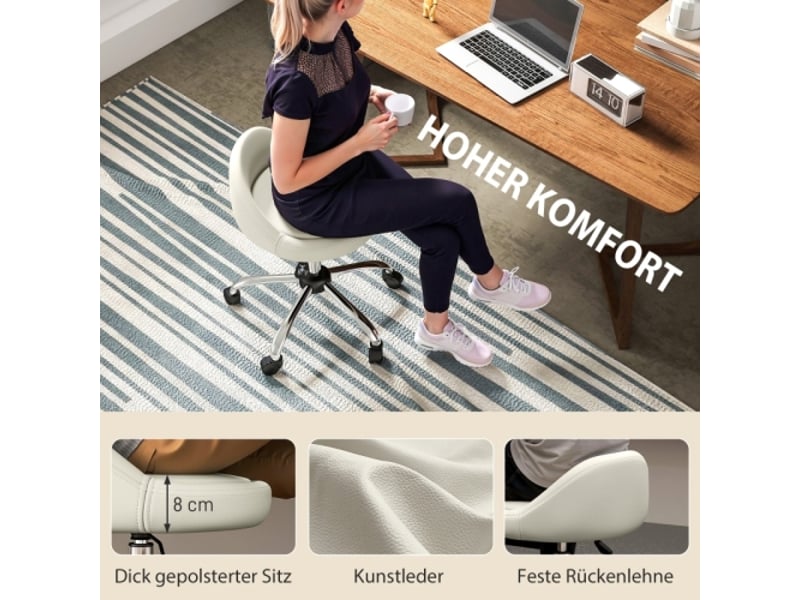  Tabouret de travail pivotant à roulettes, similicuir blanc, réglable 63-83 cm, salon  - Conforama D