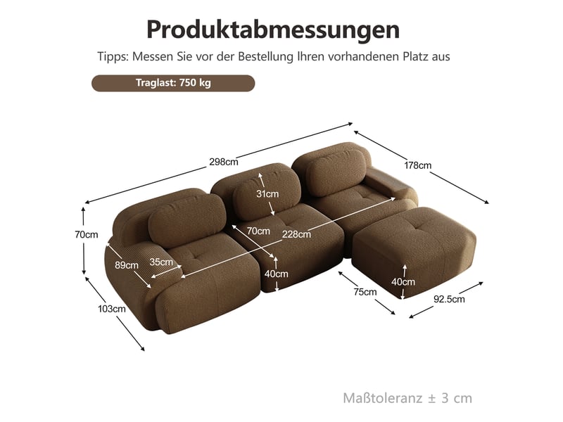  Canapé d'angle modulable en velours côtelé, marron, 298 x 178 x 70 cm Fay Lum - Conforama C