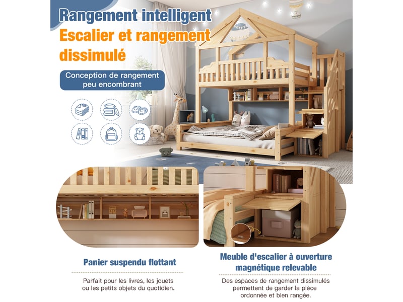 Lit superposé enfant 90×200 + 140×200 cm style maison, lit mezzanine en bois avec escalier de rangement, étagères et sommier - bois naturel - Conforama E
