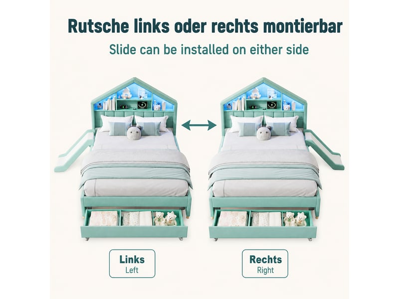  Lit cabane enfant rembourré 140x200 cm, toboggan réversible, grand tiroir, tête de lit avec étagères, led, port de charge, velours bleu-vert Radiant Stride - Conforama E