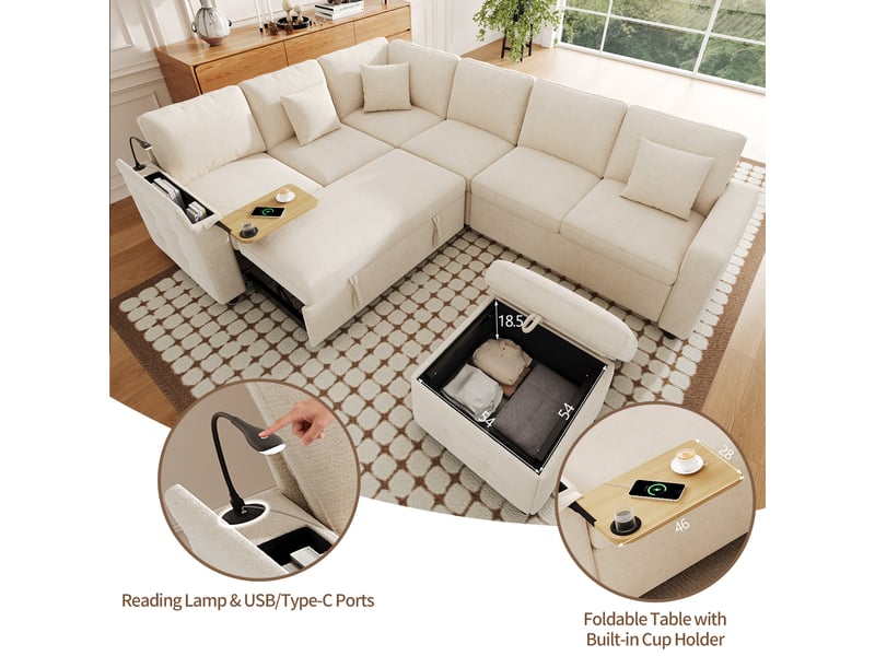 Canapé d’angle convertible réversible 6 places 261x203 cm, pouf coffre, accoudoir coffre, table rabattable, lampe led, usb et usb-c, chenille beige Radiant Stride - Conforama E