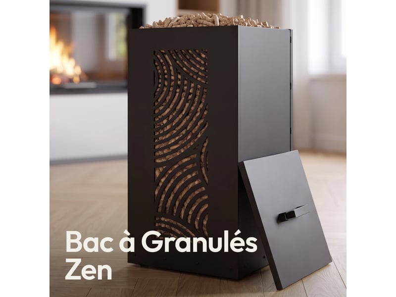  Casabel réservoir pellets &amp; granulés avec roulettes, cap. 45kg, métal noir, niveau visible, motif zen  - Conforama C