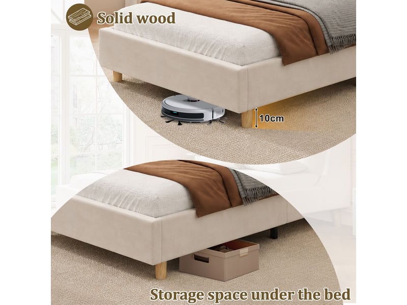  Lit simple 90 x 200 cm cadre de lit en velours beige lit rembourré tête de lit rembourrée station de charge usb-c lampe de lecture  - Conforama D