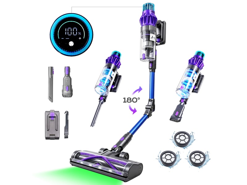  V16f aspirateur balai sans fil – 500w 75 kpa, tube pliable pour sous les lits, écran tactile, mode auto, hepa à 6 étages, 60 min, bleu V16F - Conforama A