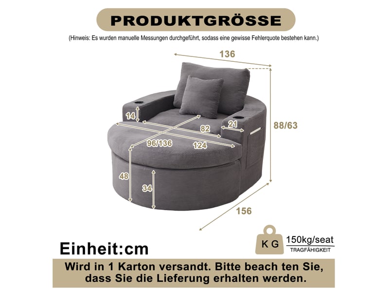  Fauteuil relax rond avec repose-pieds, rangement et porte-gobelet, gris  - Conforama C