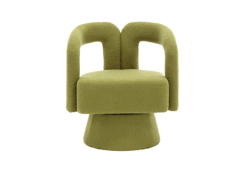 Fauteuil pivotant à 360 degrés, dossier enveloppant et accoudoirs arrondis, en tissu bouclé vert olive - Conforama A