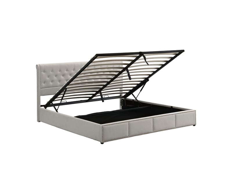 Lit coffre double adulte 140x190 cm - style chesterfield - lin - - rangement intégré - tête de lit 103 cm - design avec clous - Conforama R