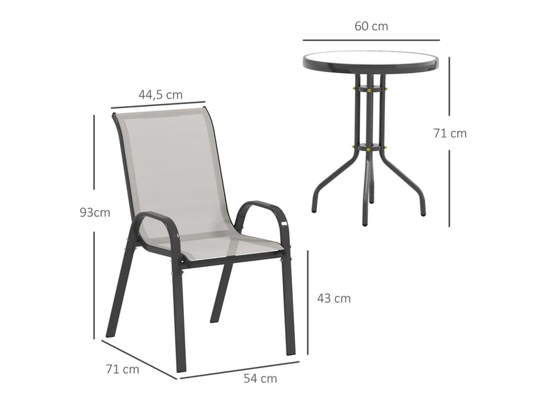  3 pièces salon de jardin extérieur ensemble de meubles 2 fauteuils empilables table basse dessus verre trempé gris clair  - Conforama E