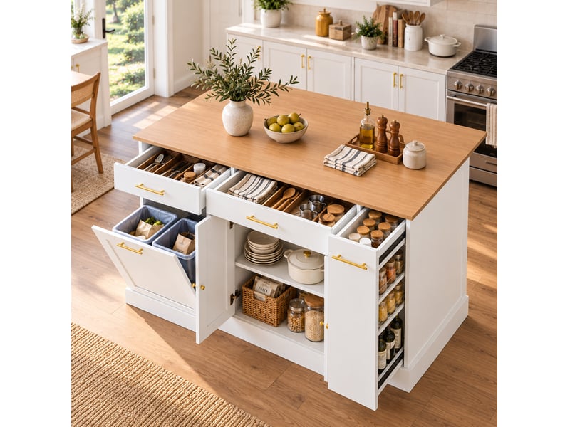  Îlot de cuisine 120 cm, plan rabattable, casier à poubelle, blanc et naturel  - Conforama D