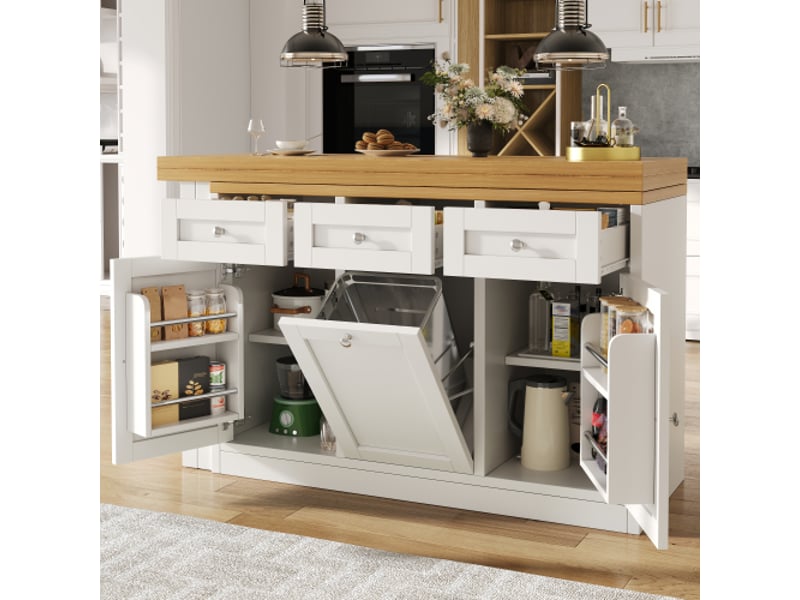  Bahut de cuisine multifonction, table à manger pliable avec tiroir et bac à snacks, support poubelle intégré extractible  - Conforama B