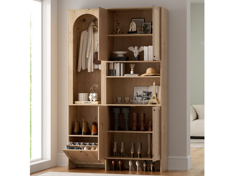  Ensemble vestiaire ulevr avec rangement et meuble à chaussures, 120 x 35 x 200 cm, 4 portes, compartiment basculant, décor rotin, naturel  - Conforama E