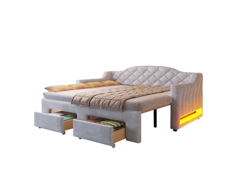 Canapé-lit extensible 90/180x200 cm, 2 tiroirs, led 7 couleurs, velours gris, sans matelas - Conforama A