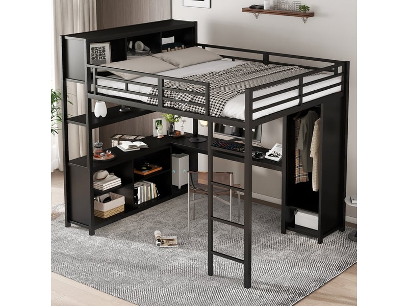  Lit mezzanine,140x200 cm,avec rangement,métal et panneau de particules,noir  - Conforama B