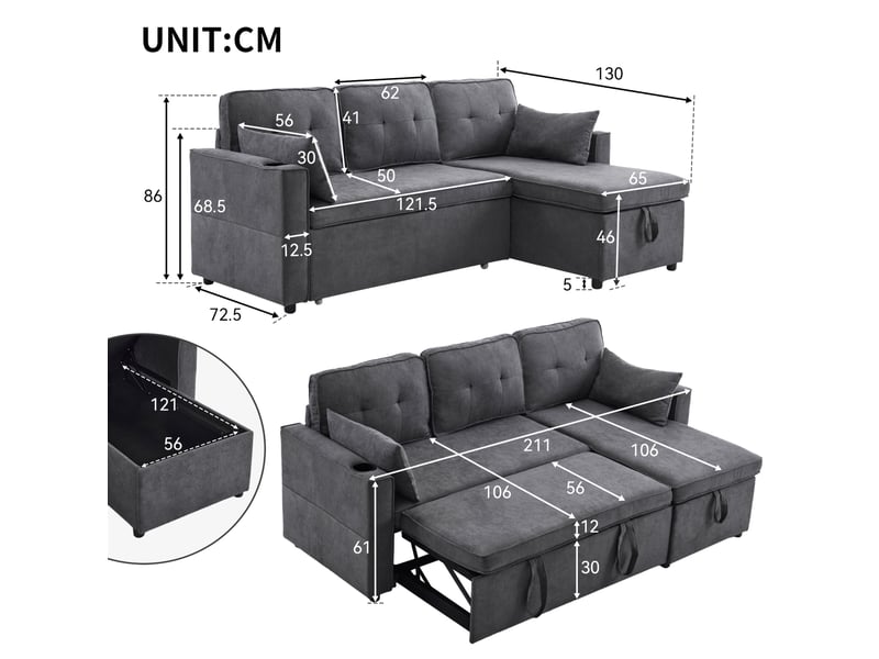 Canapé d'angle convertible modenvie 3 places réversible avec rangement et porte-gobelets gris 211 x 130 x 86 cm  - Conforama C