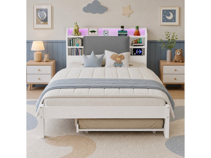  Lit gigogne 2 places 120×200 cm et 90×190 cm, led, étagères et station de charge - okmyhome- sans matelas, blanc  - Conforama C
