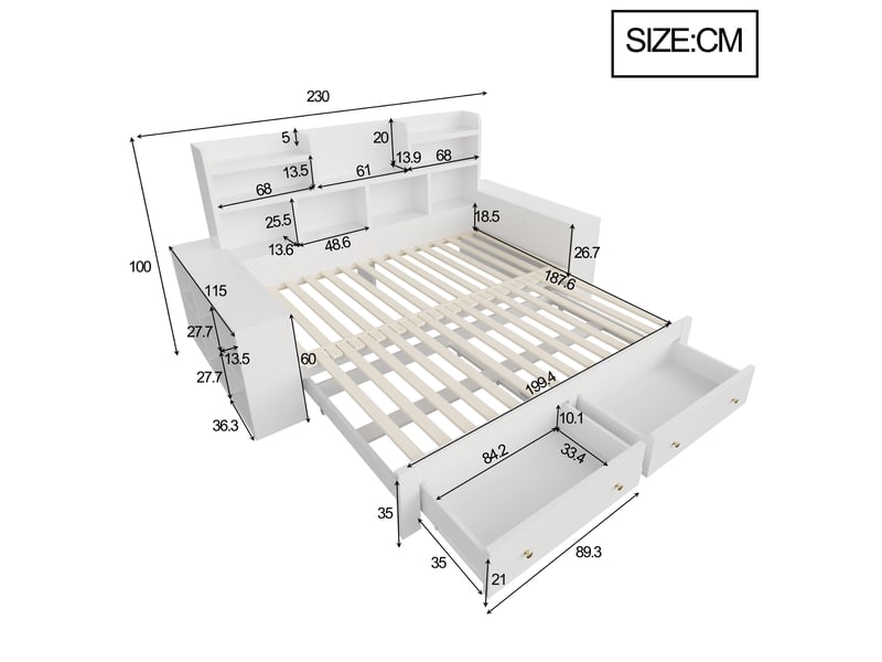 Lit gigogne 2 places 90×200 et 180×200 cm avec led, prise et tiroirs - okmyhome- blanc, sans matelas - Conforama D