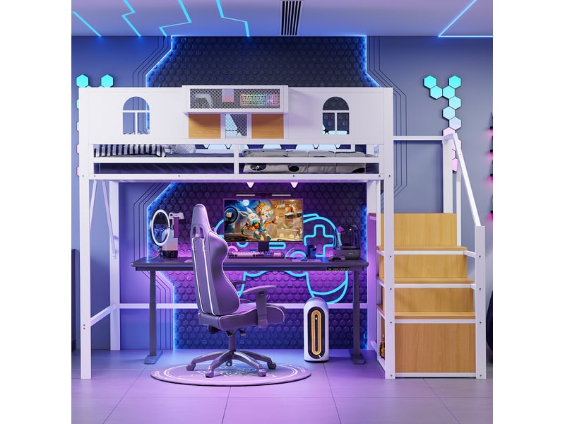  Lit mezzanine en métal 140 x 200 cm avec escalier de rangement et étagère, blanc  - Conforama D