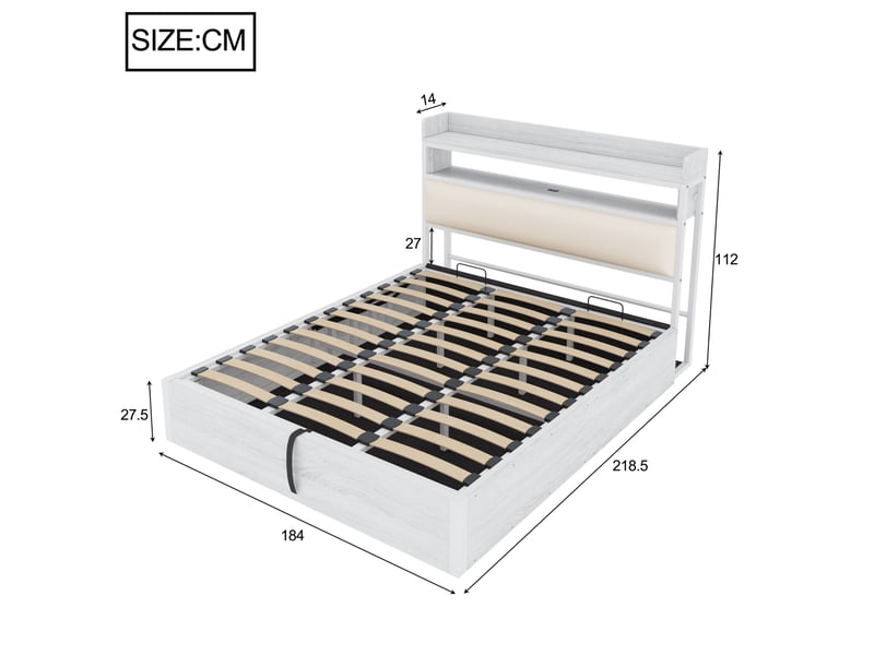  Lit coffre 180x200cm avec ports usb de chargement, design moderne épuré, métal et bois, blanc, sans matelas  - Conforama D