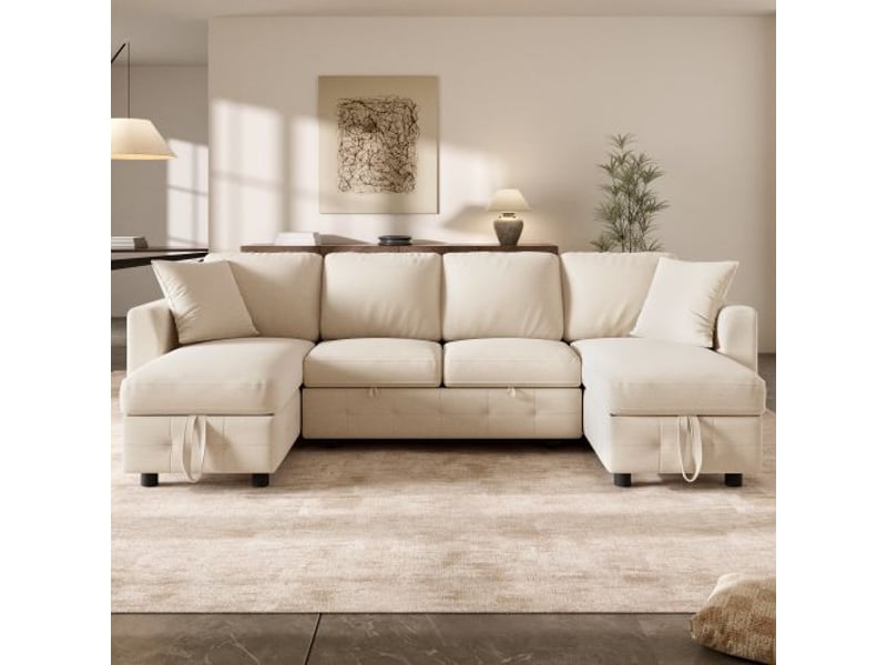  Canapé d'angle panoramique convertible 4 places tissu beige coffre de rangement  - Conforama D