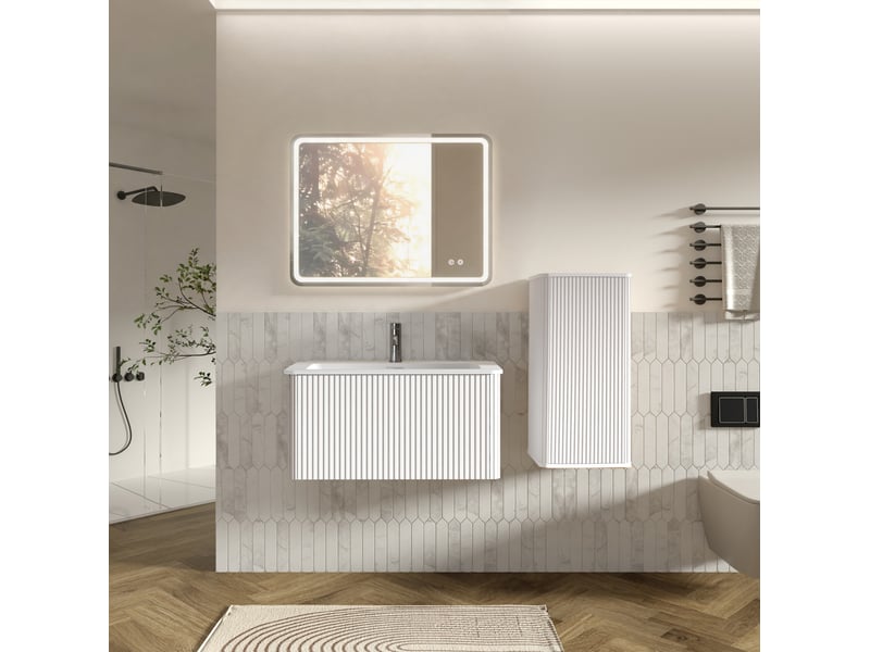  Armoire de salle de bain moderne avec miroir led, meuble sous vasque et colonne pour salle de bain, blanc  - Conforama B