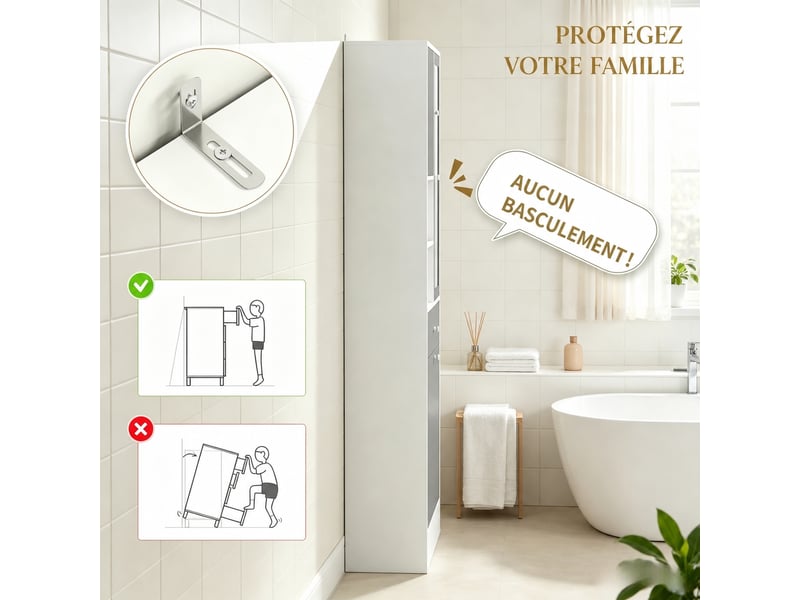  Armoire de salle de bain avec miroir et panier à linge, blanc et gris, 62 x 28,3 x 181 cm  - Conforama D